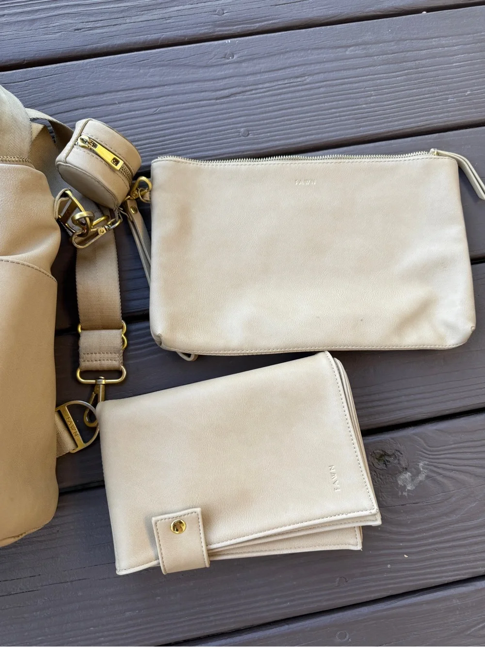 Fawn Design Beige Crossbody Bucket Bag with Gold Hardware